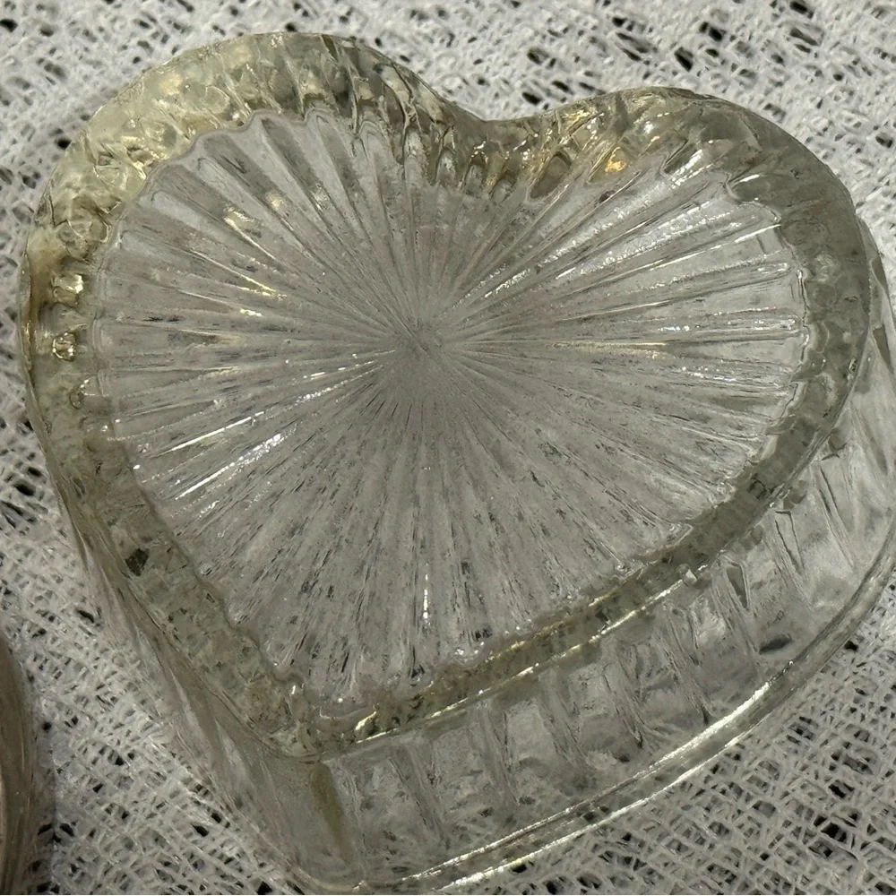 Heart Shaped Scrolled Silver Plated Glass Trinket Box with Mirror Under Lid